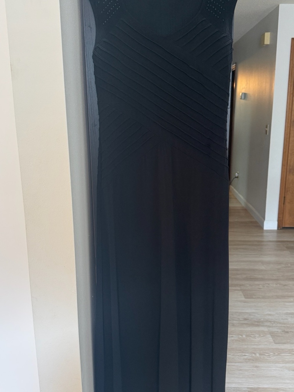 Cachet Black Maxi Dress with Textured Pleats and Stud Detail